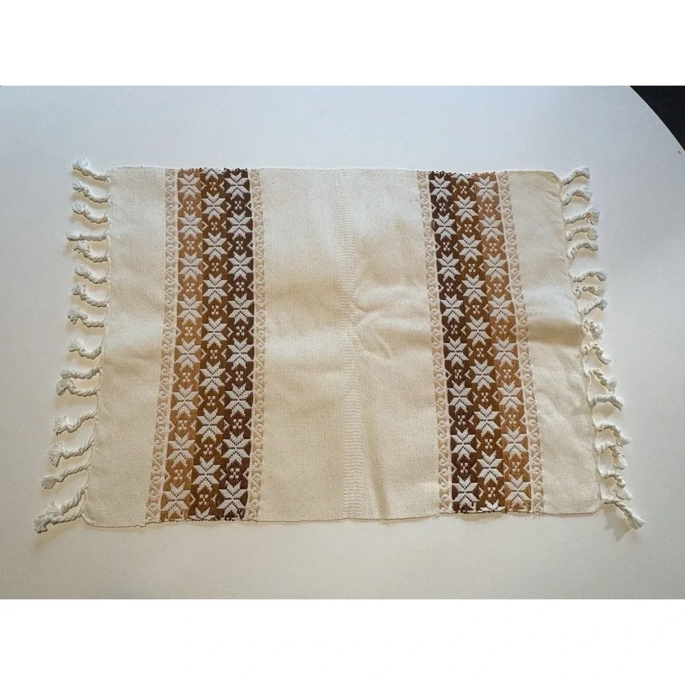 Set of 6 Vintage Woven Placemats – Reversible Brown & Tan with Fringe 22